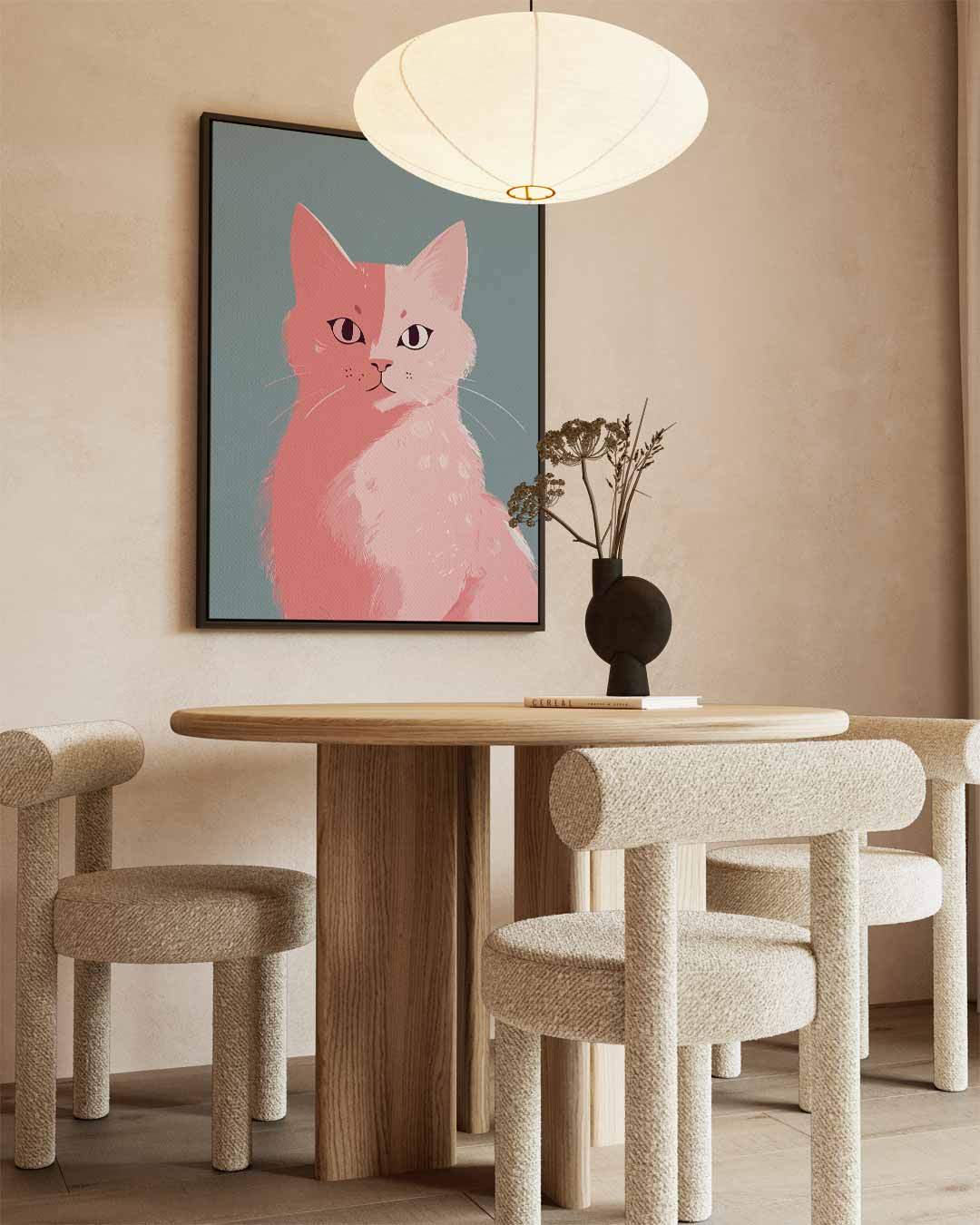 Roze Kat op Blauw Achtergrond Kunstwerk-canvas-dibond-plexiglas-wanddecoratie-WallArtistic