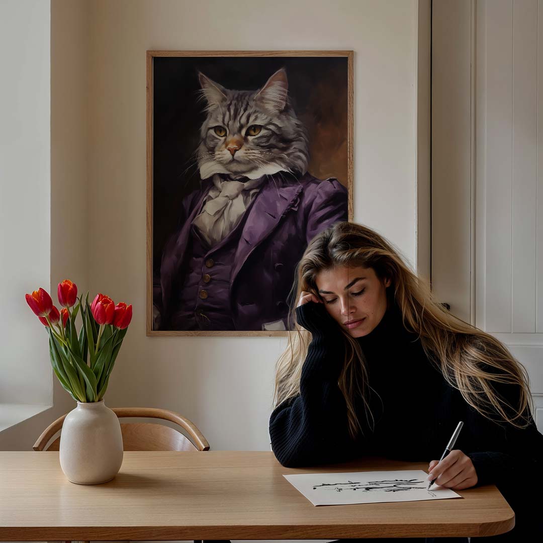 Aristocratische Kat in Paars Kostuum Poster-WallArtistic