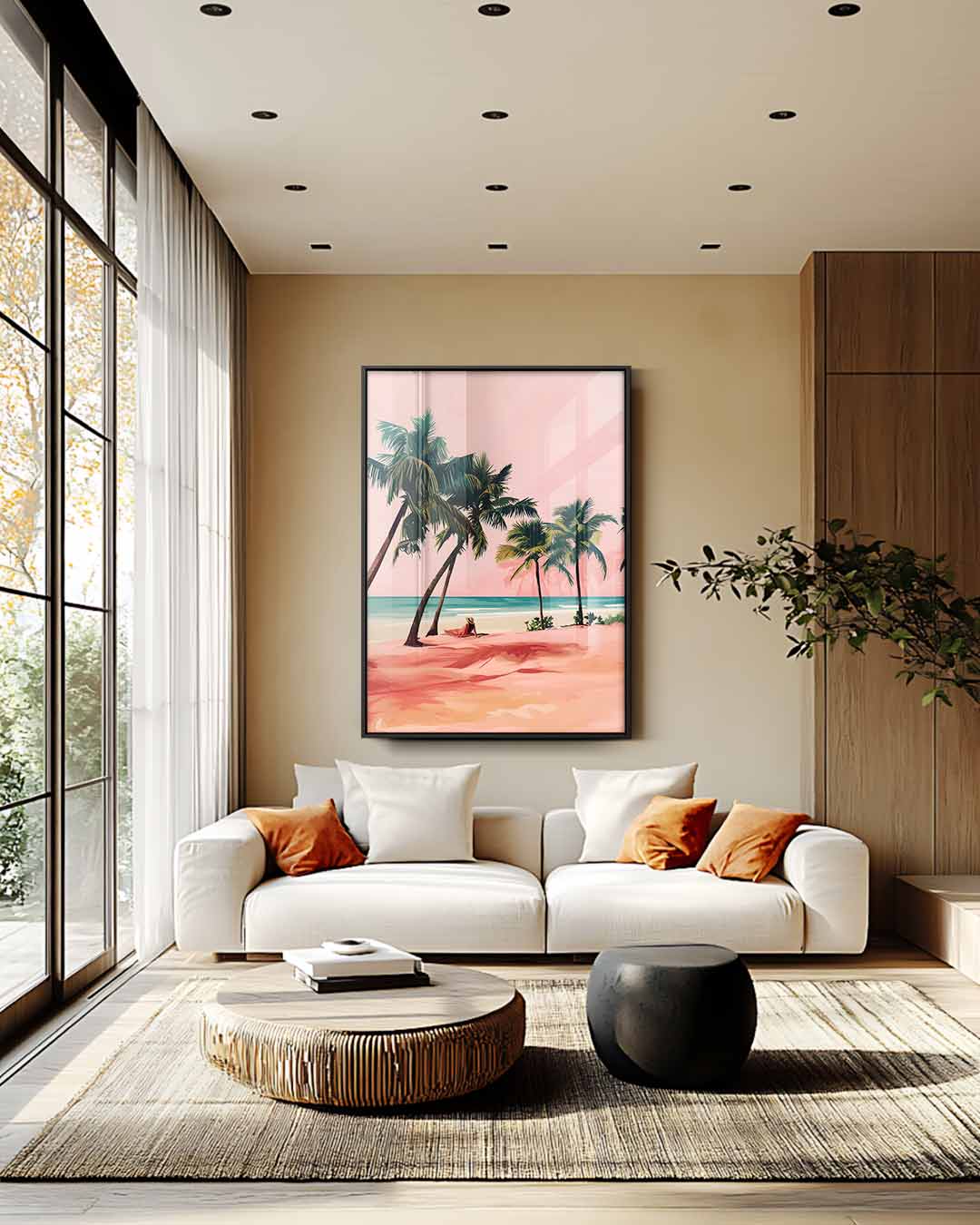 Palmstrand Zonsondergang Kunstwerk-canvas-dibond-plexiglas-wanddecoratie-WallArtistic