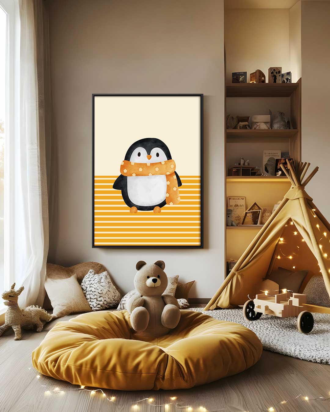 Schattige Pinguïn met Sjaal Illustratie Kunstwerk-canvas-dibond-plexiglas-wanddecoratie-WallArtistic