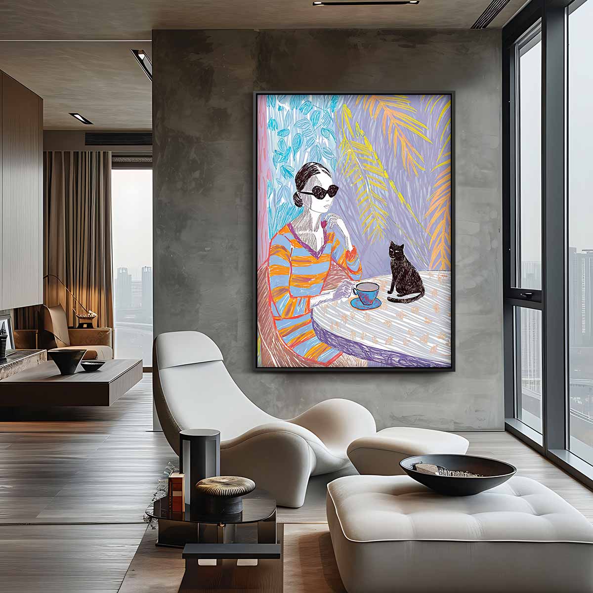 Ontspanmomentje met Koffie en Kat Kunstwerk-canvas-dibond-plexiglas-wanddecoratie-WallArtistic
