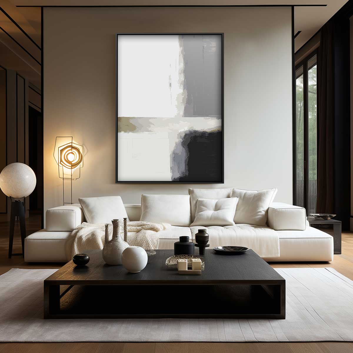 Moderne Abstractie in Grijs Kunstwerk-canvas-dibond-plexiglas-wanddecoratie-WallArtistic