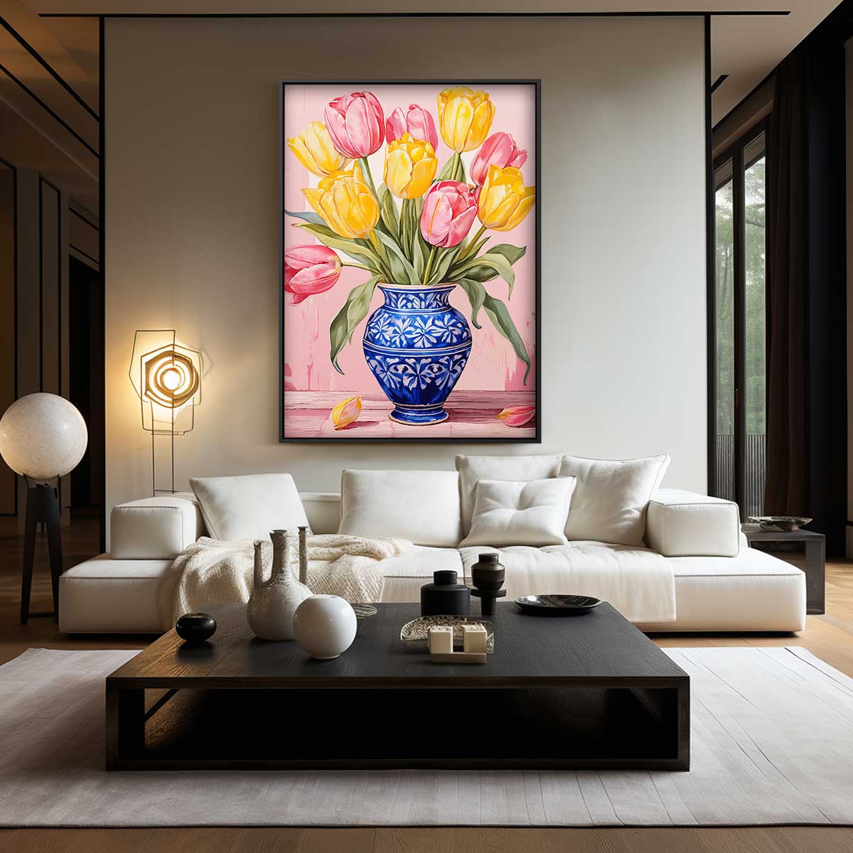 Stralende Tulpen in Blauwe Vaas Kunstwerk-canvas-dibond-plexiglas-wanddecoratie-WallArtistic