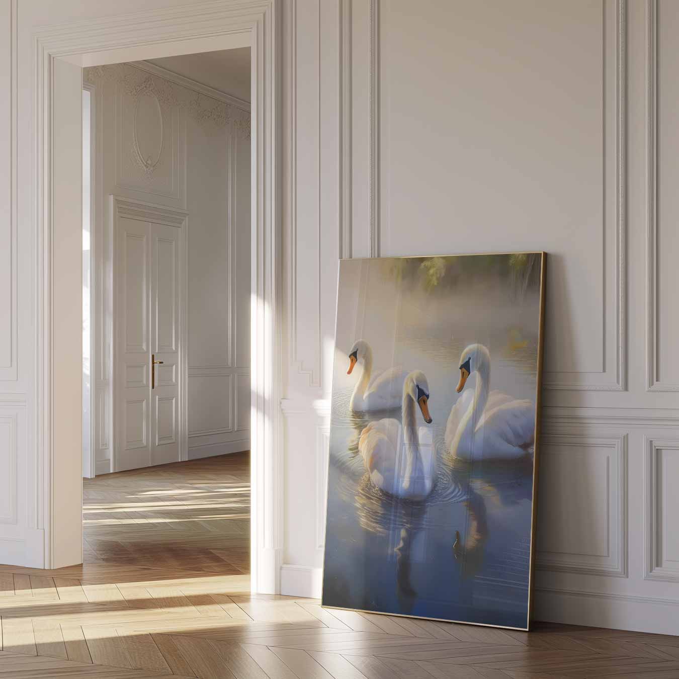 Dromerige Zwanen in Ochtendmist Poster-WallArtistic