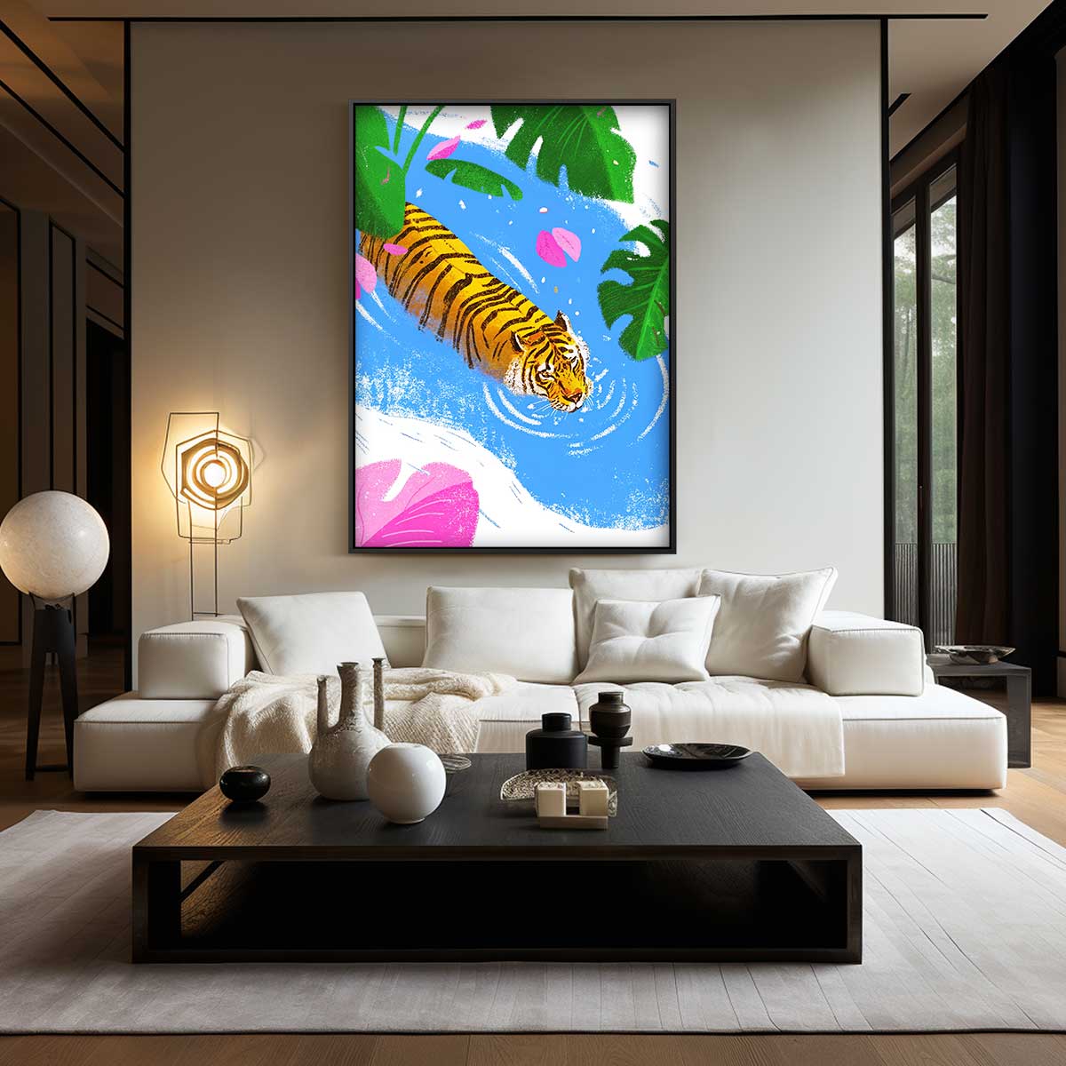 Zwemmende Tijger in Tropisch Water Kunstwerk-canvas-dibond-plexiglas-wanddecoratie-WallArtistic