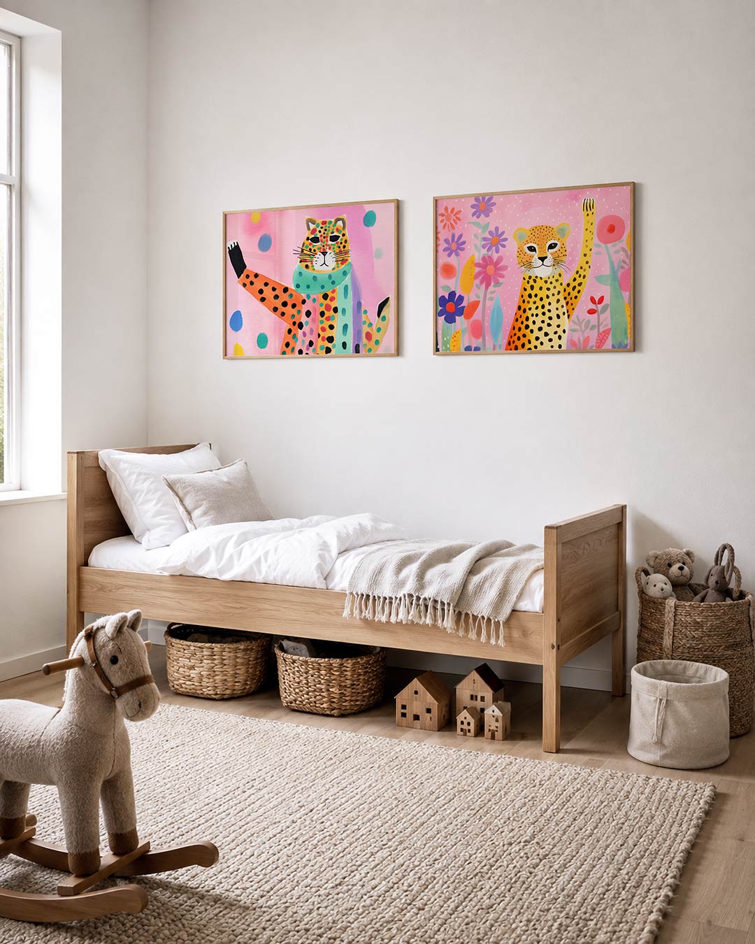 Interieurpresentatie van twee posters met een kleurrijke kat met stippen en strepen op een roze achtergrond