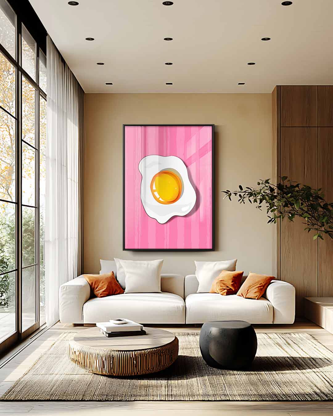 Vrolijk Gebakken Ei op Roze Achtergrond Kunstwerk-canvas-dibond-plexiglas-wanddecoratie-WallArtistic