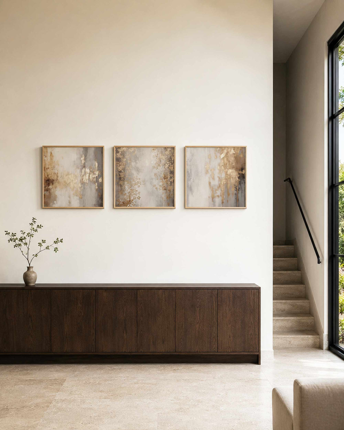 Interieurpresentatie van een driedelige vierkante posterset met abstracte beige vormen
