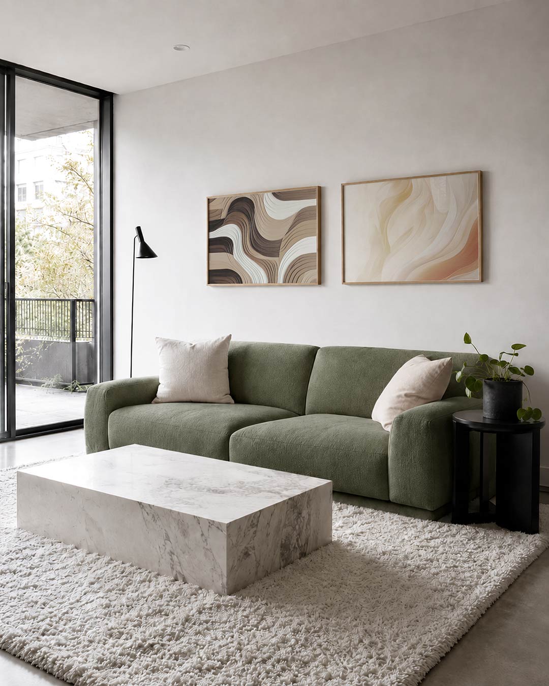 Twee liggende posters met vloeiende lijnen in aardetinten, aan de muur in een interieur
