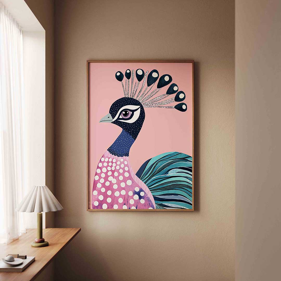 Pauw met roze achtergrond Poster