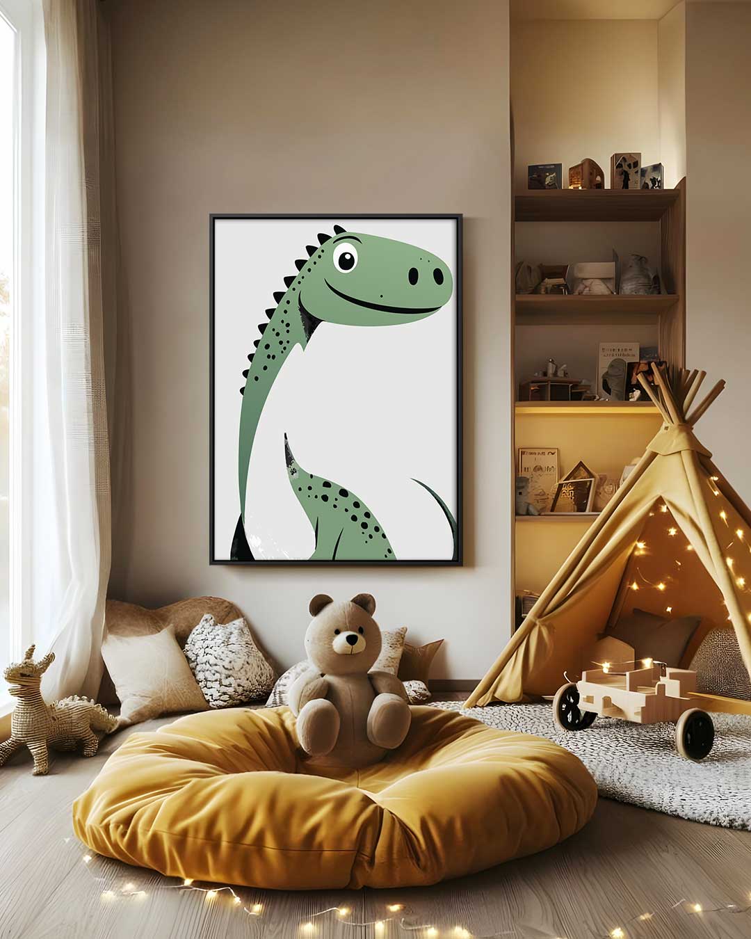 Vriendelijke Dino Illustratie Kunstwerk-canvas-dibond-plexiglas-wanddecoratie-WallArtistic