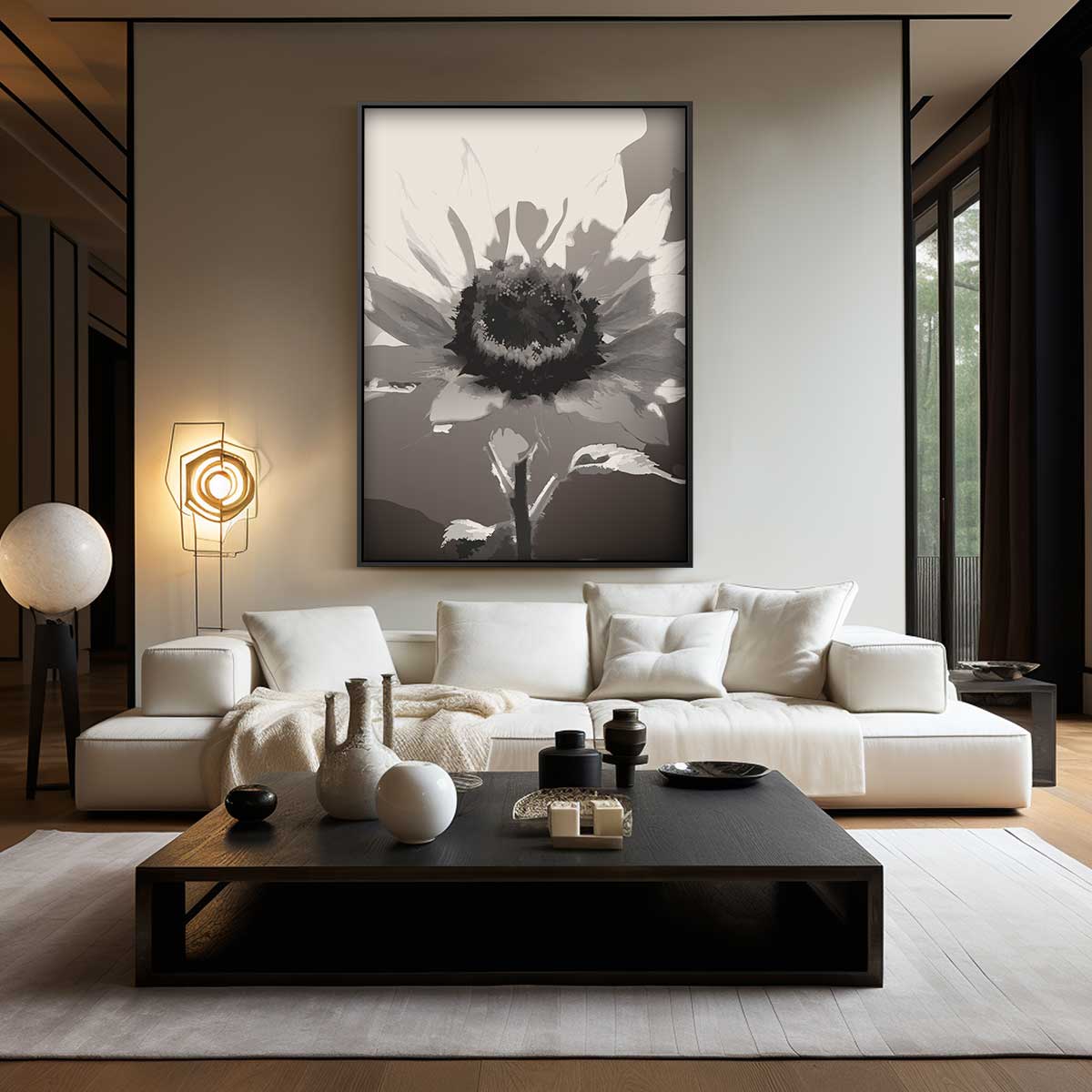 Zwart-Witte Zonnebloem Droom Kunstwerk-canvas-dibond-plexiglas-wanddecoratie-WallArtistic