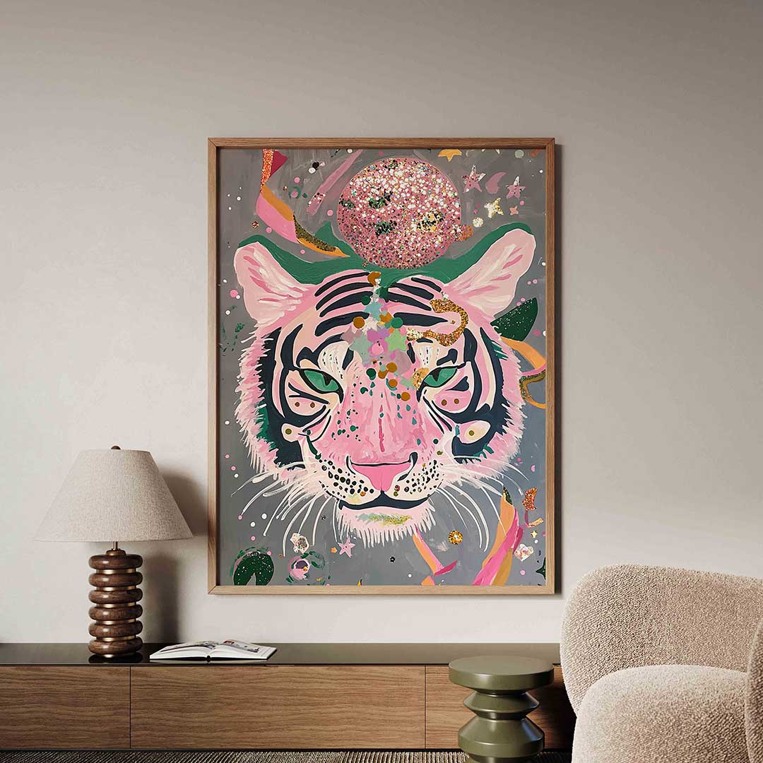 Tijger met roze en groene accenten Poster