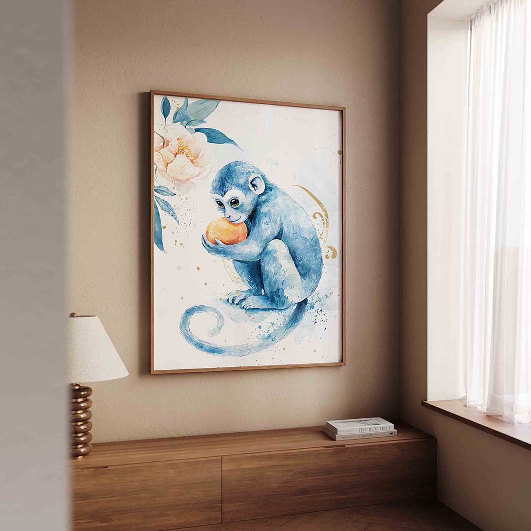 Blauwe aap met sinaasappel Poster