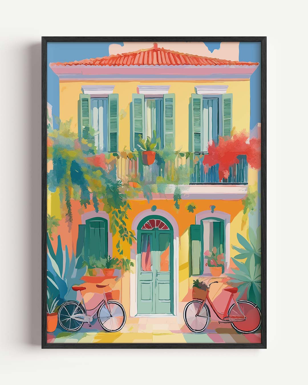 Zonnige Stadsgevel met Kleurrijke Fietsen Poster-WallArtistic