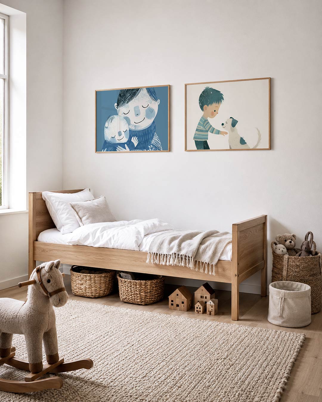 Tweedelige posterset met twee figuren omarmen elkaar in een zee van blauw, getoond in een interieur