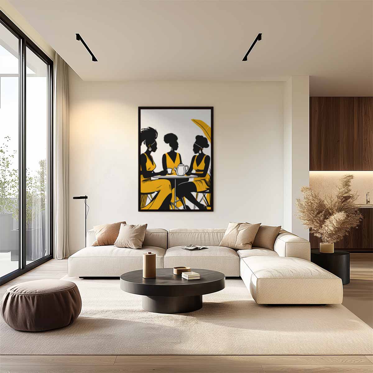 Koffietijd Vrouwen Silhouet Kunstwerk-canvas-dibond-plexiglas-wanddecoratie-WallArtistic