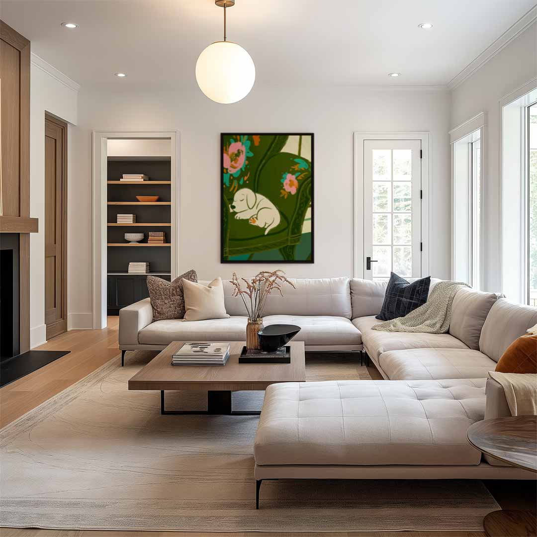 Slaapende Pup op Gebloemde Stoel Kunstwerk-canvas-dibond-plexiglas-wanddecoratie-WallArtistic