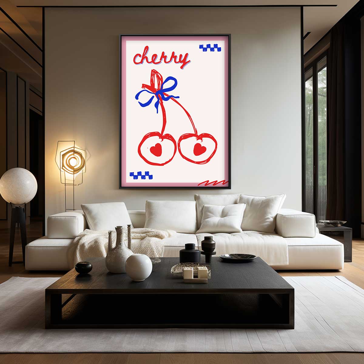 Kersentekeningen in speelse kleuren Kunstwerk-canvas-dibond-plexiglas-wanddecoratie-WallArtistic
