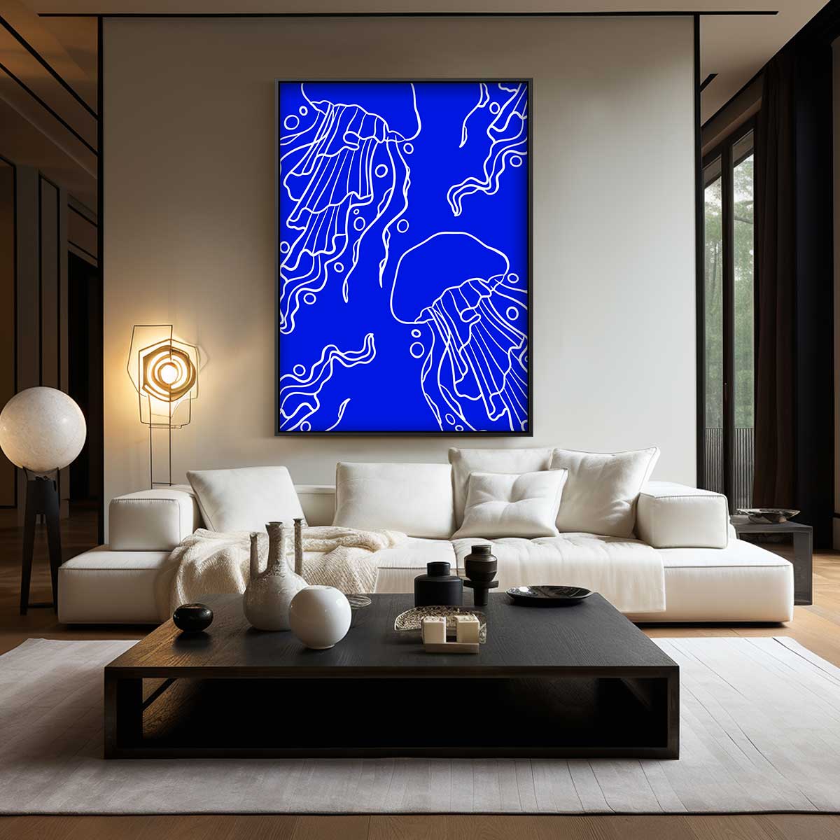 Dromerige Kwallen in Diepblauw Kunstwerk-canvas-dibond-plexiglas-wanddecoratie-WallArtistic