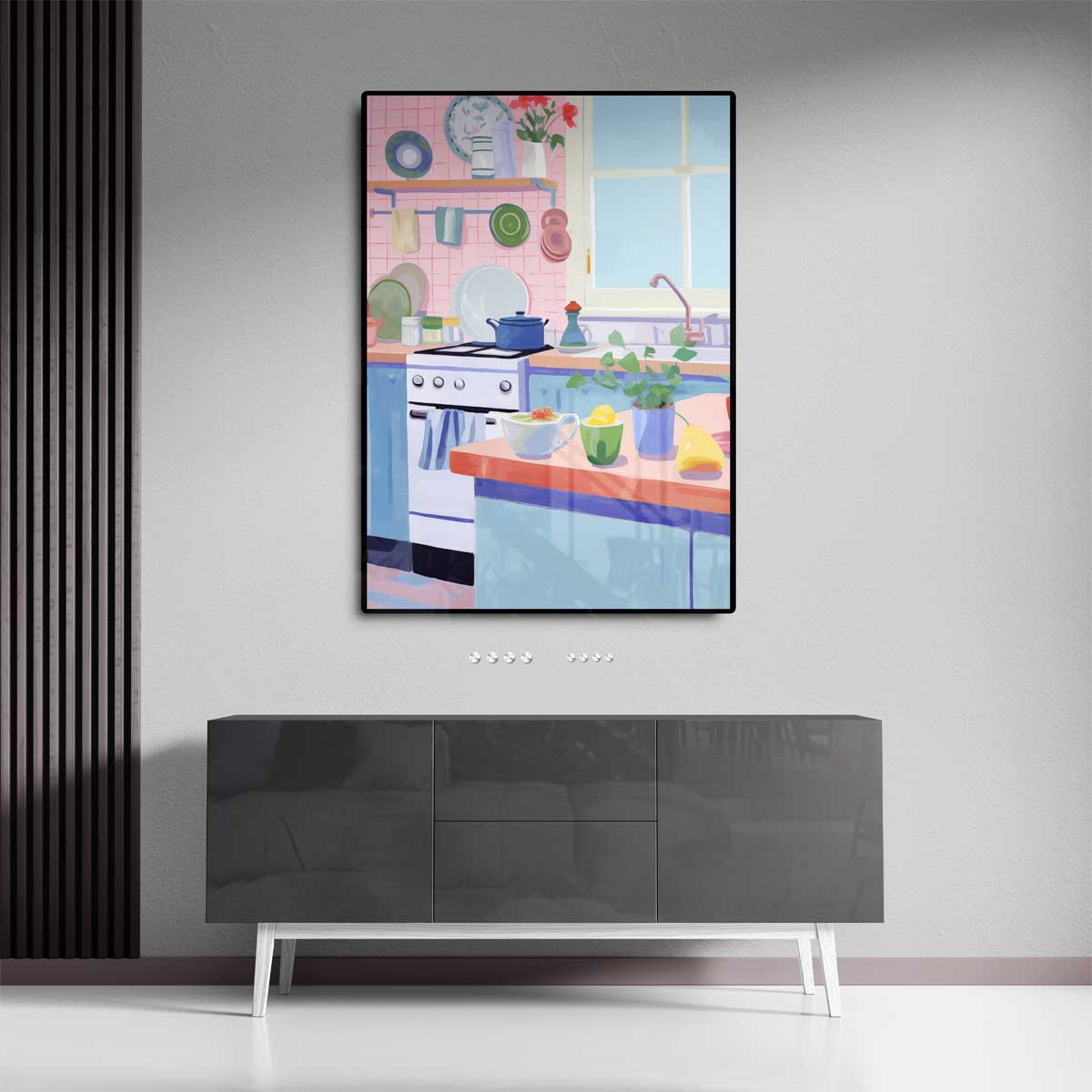 Kleurrijke Keukenidylle Kunstwerk-canvas-dibond-plexiglas-wanddecoratie-WallArtistic