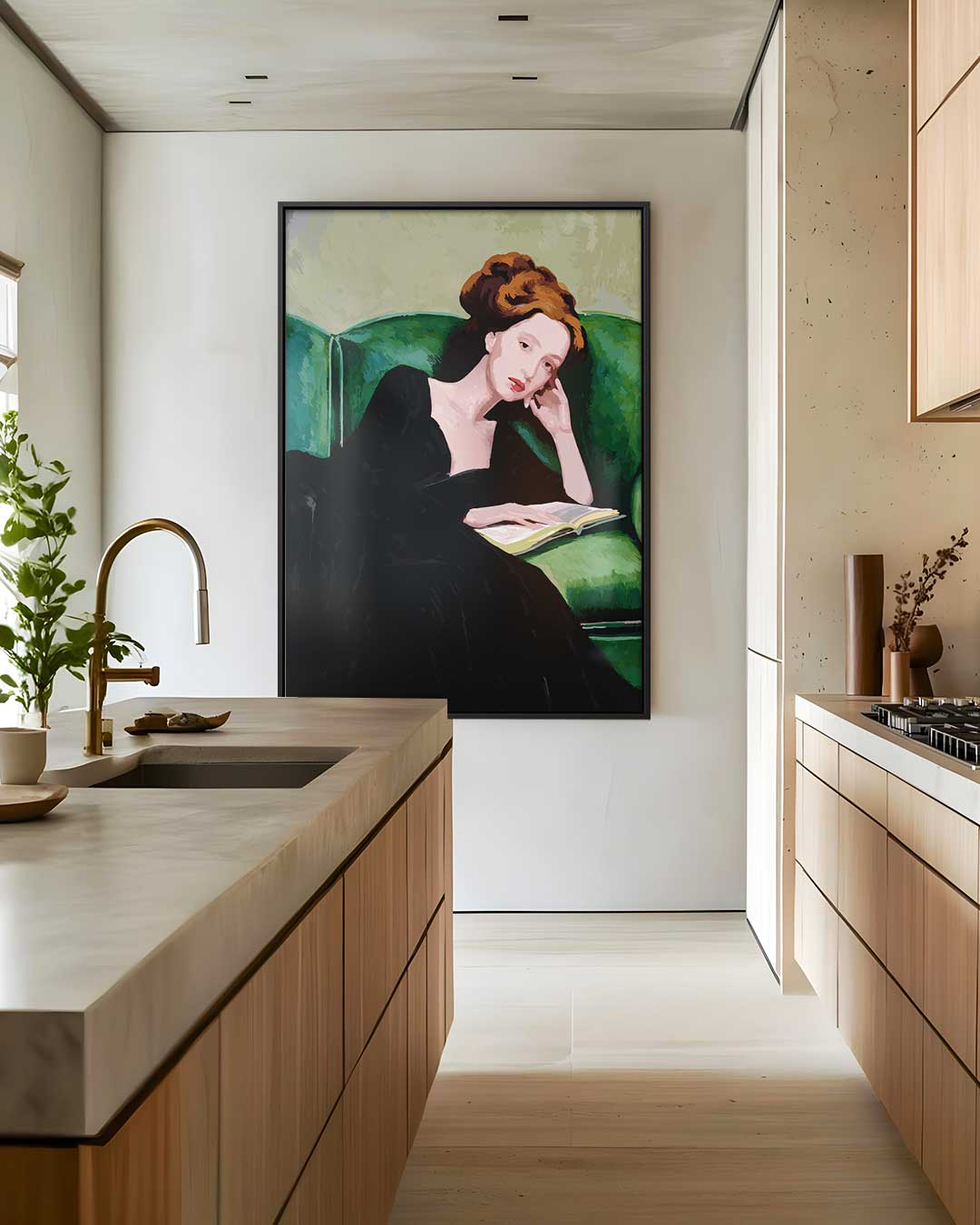 Dromerige Lezeres op Groene Bank Kunstwerk-canvas-dibond-plexiglas-wanddecoratie-WallArtistic