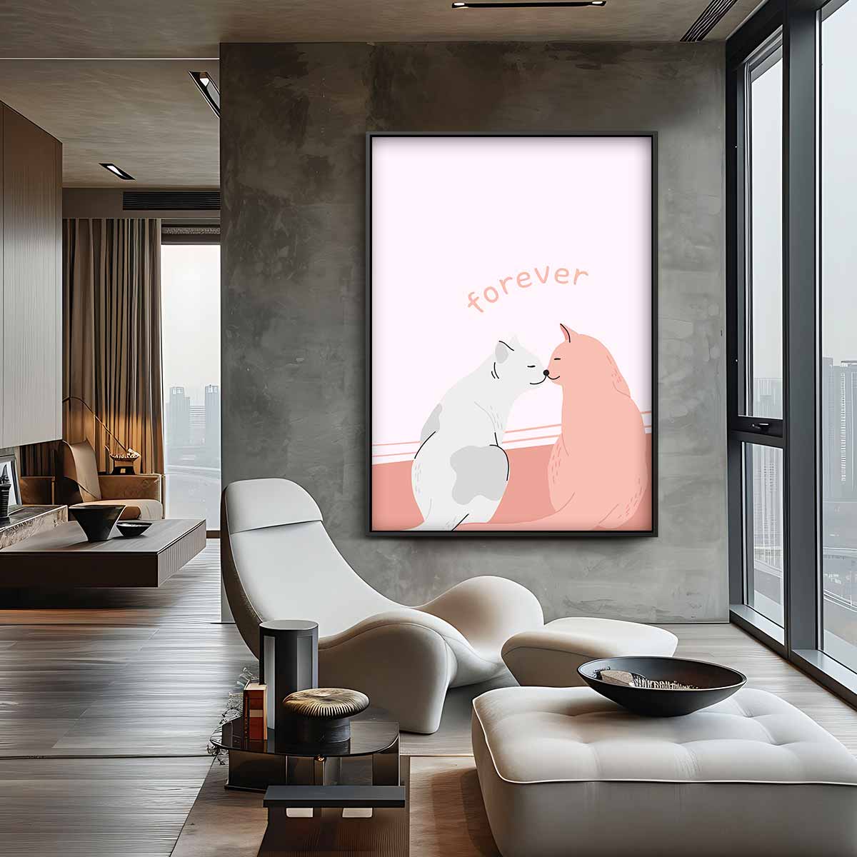 Liefdevolle Katten Illustratie Kunstwerk-canvas-dibond-plexiglas-wanddecoratie-WallArtistic