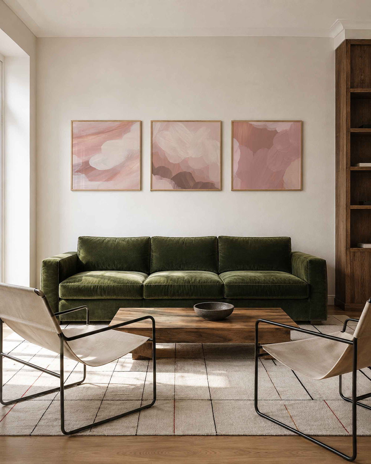 Interieurpresentatie van een driedelige vierkante posterset met roze abstracte vormen