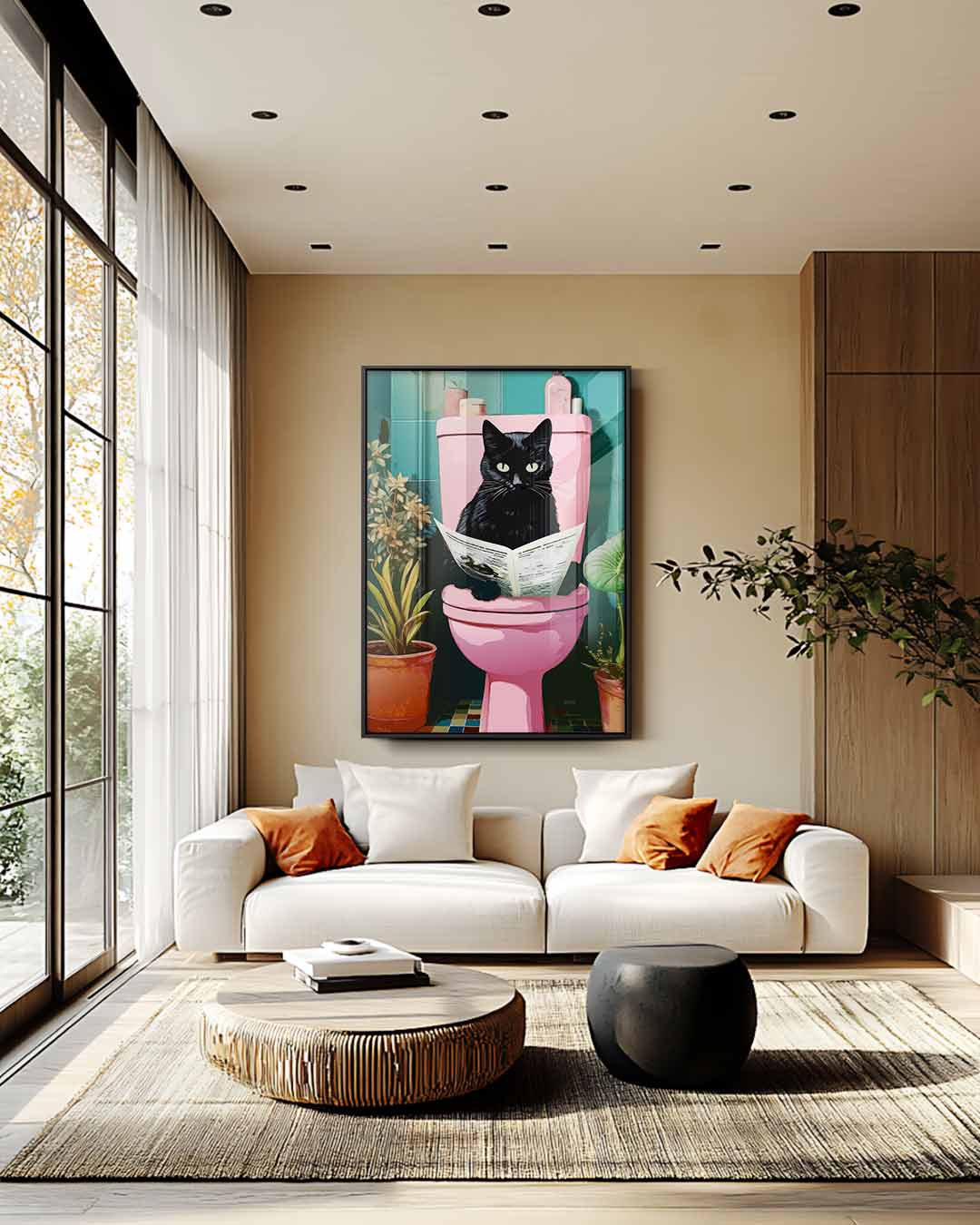 Kat op het Toilet Kunstwerk-canvas-dibond-plexiglas-wanddecoratie-WallArtistic