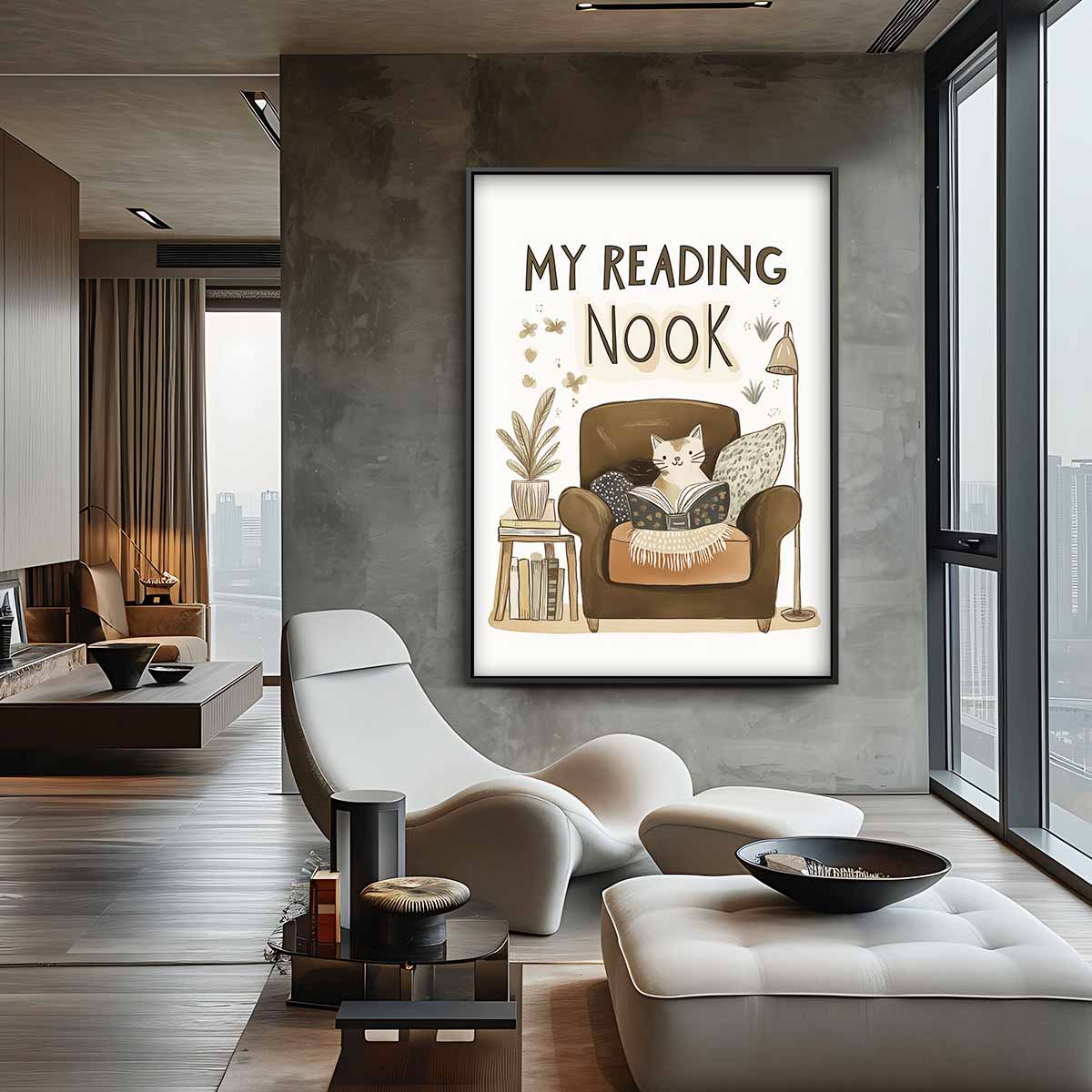 Gezellige Leeshoek Kat Print Kunstwerk-canvas-dibond-plexiglas-wanddecoratie-WallArtistic