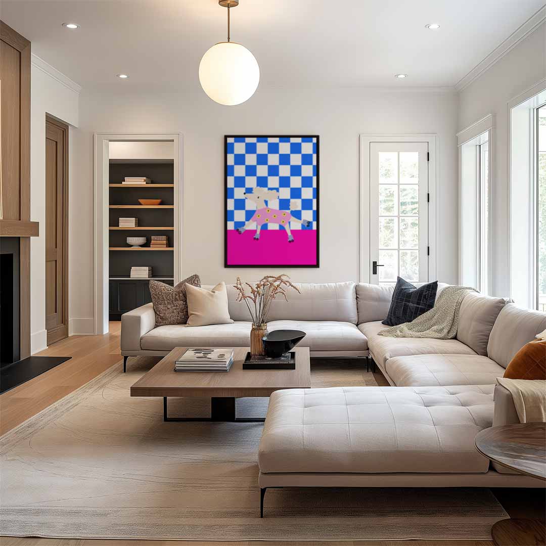 Rollerschaatsende Poedel Kunstwerk-canvas-dibond-plexiglas-wanddecoratie-WallArtistic
