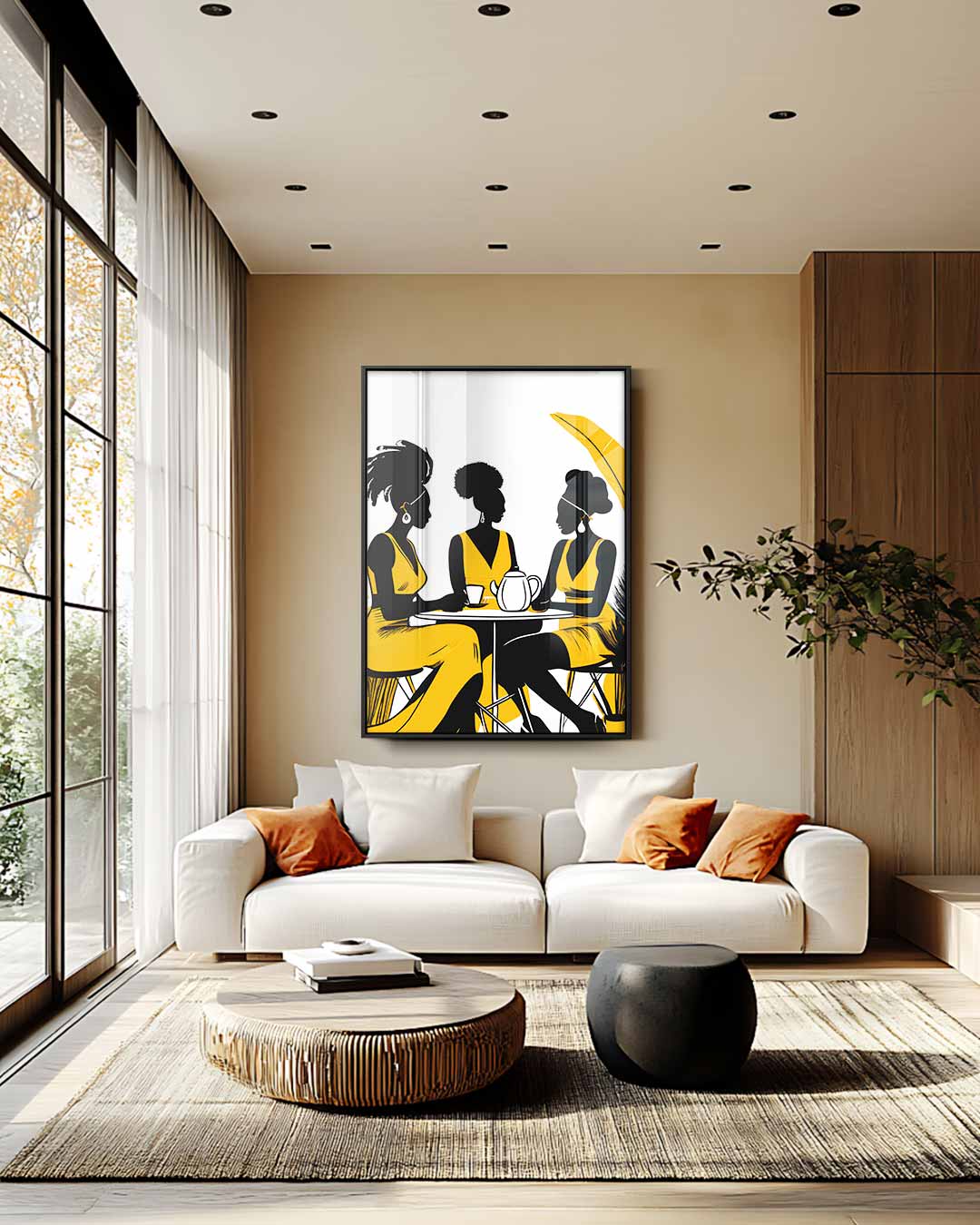 Koffietijd Vrouwen Silhouet Kunstwerk-canvas-dibond-plexiglas-wanddecoratie-WallArtistic