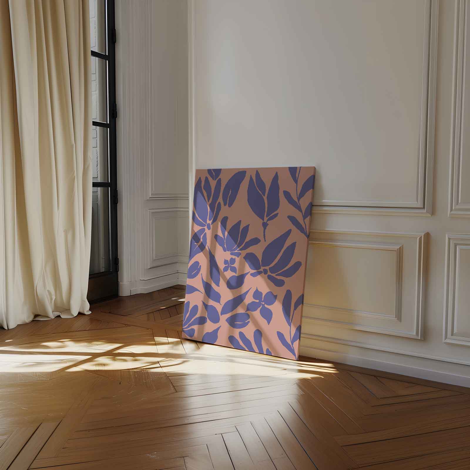 Bladeren in Paars op Perzik Kunstwerk-canvas-dibond-plexiglas-wanddecoratie-WallArtistic