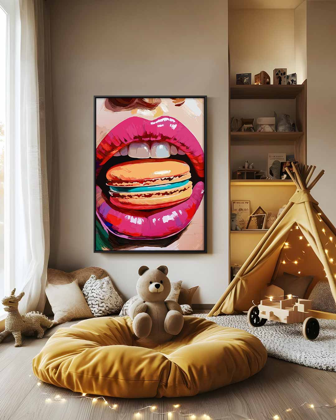 Kleurrijke Lippen en Macaron Kunstwerk-canvas-dibond-plexiglas-wanddecoratie-WallArtistic