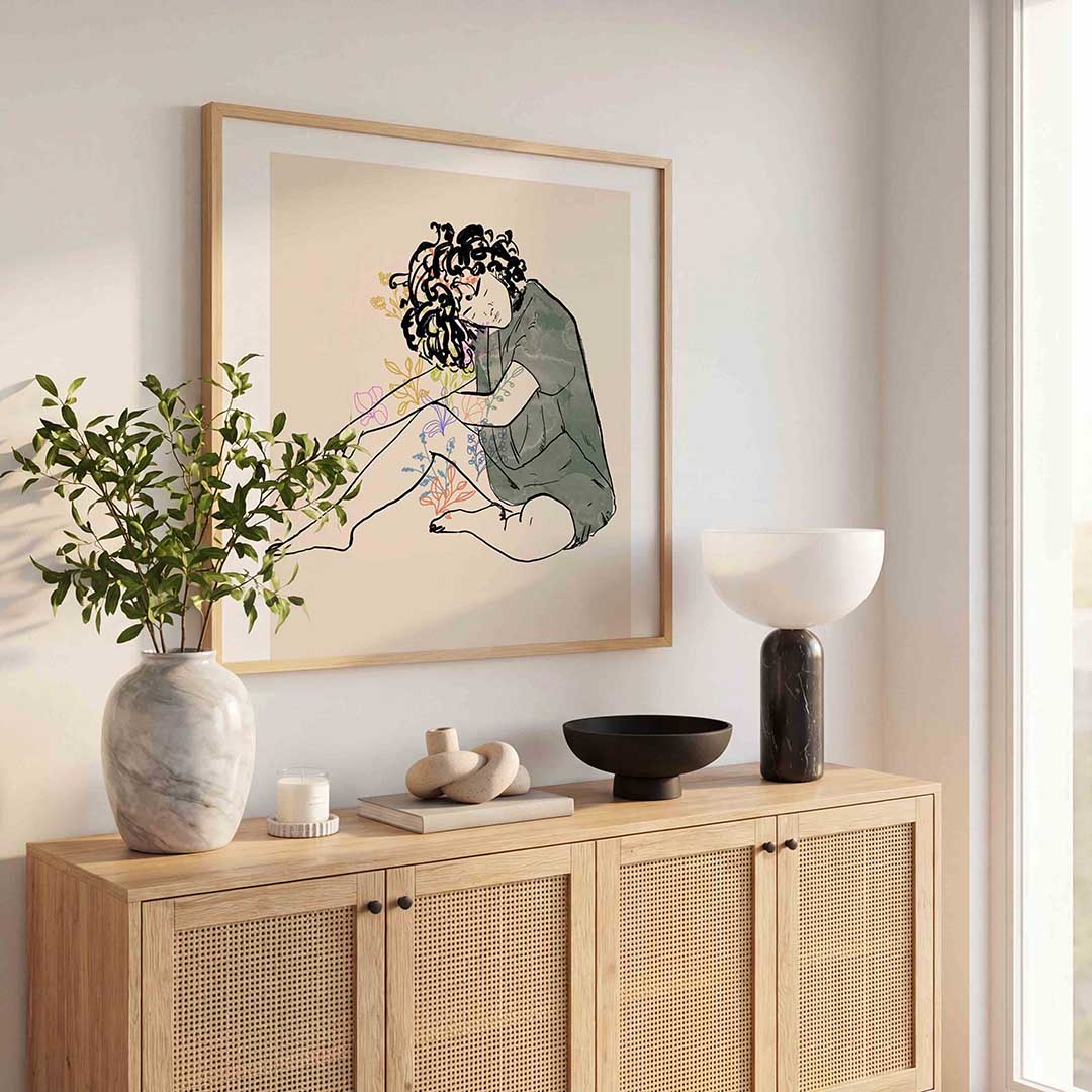 Zittende figuur met bloemen Poster