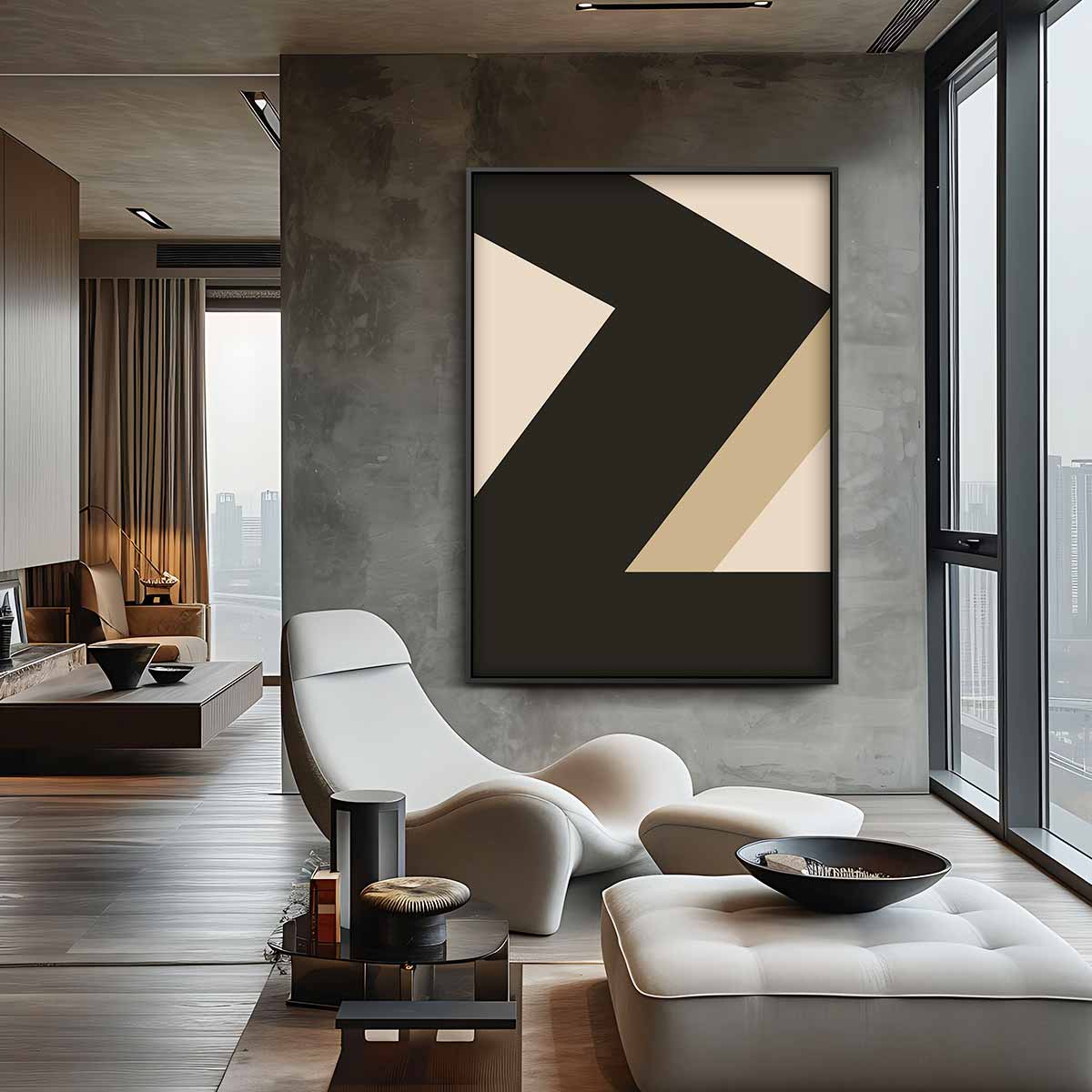 Dynamische Lijnen in Zwart en Beige Kunstwerk-canvas-dibond-plexiglas-wanddecoratie-WallArtistic