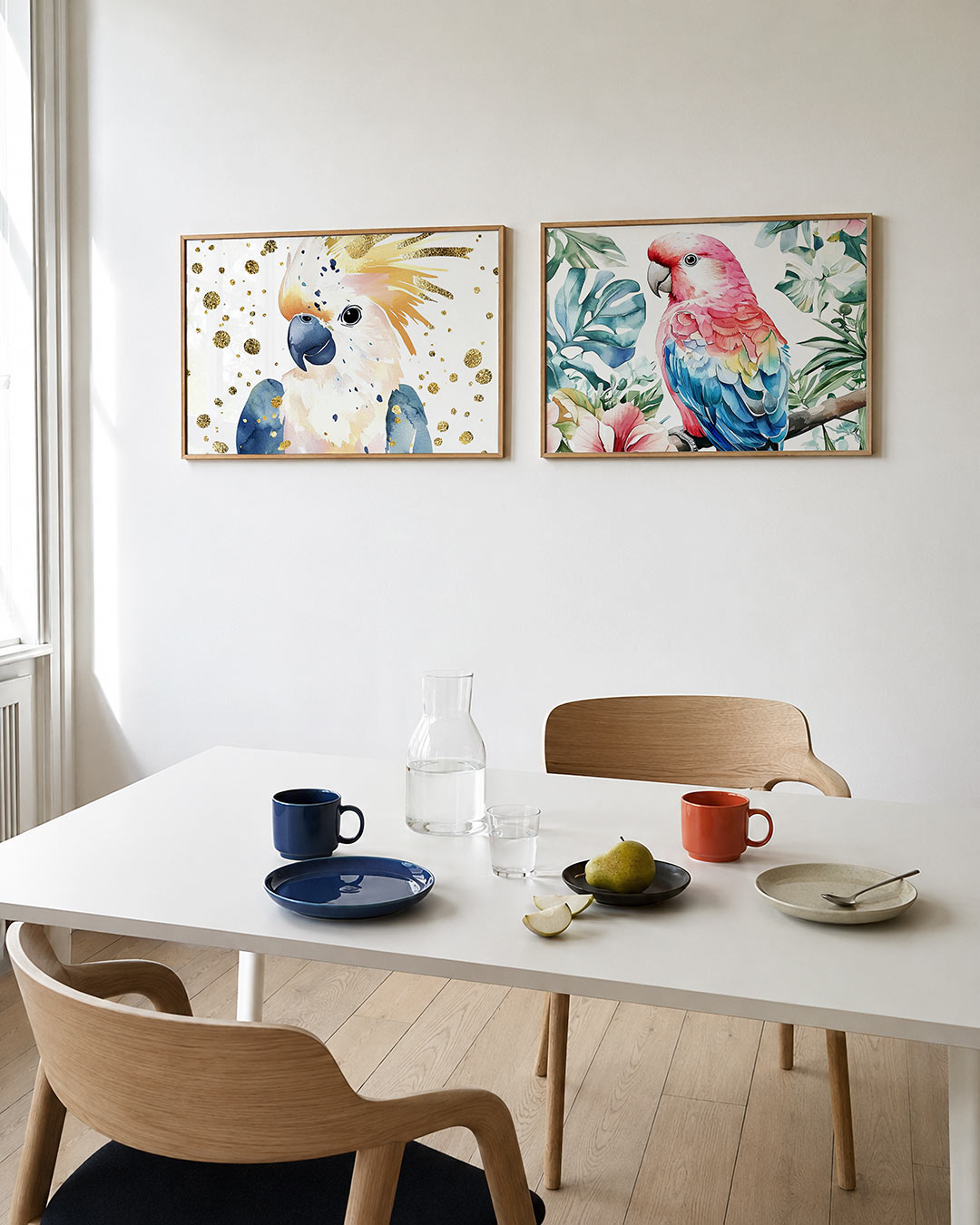 Twee liggende posters met een kleurrijke vogel met blauwe en oranje tinten, aan de muur in een interieur