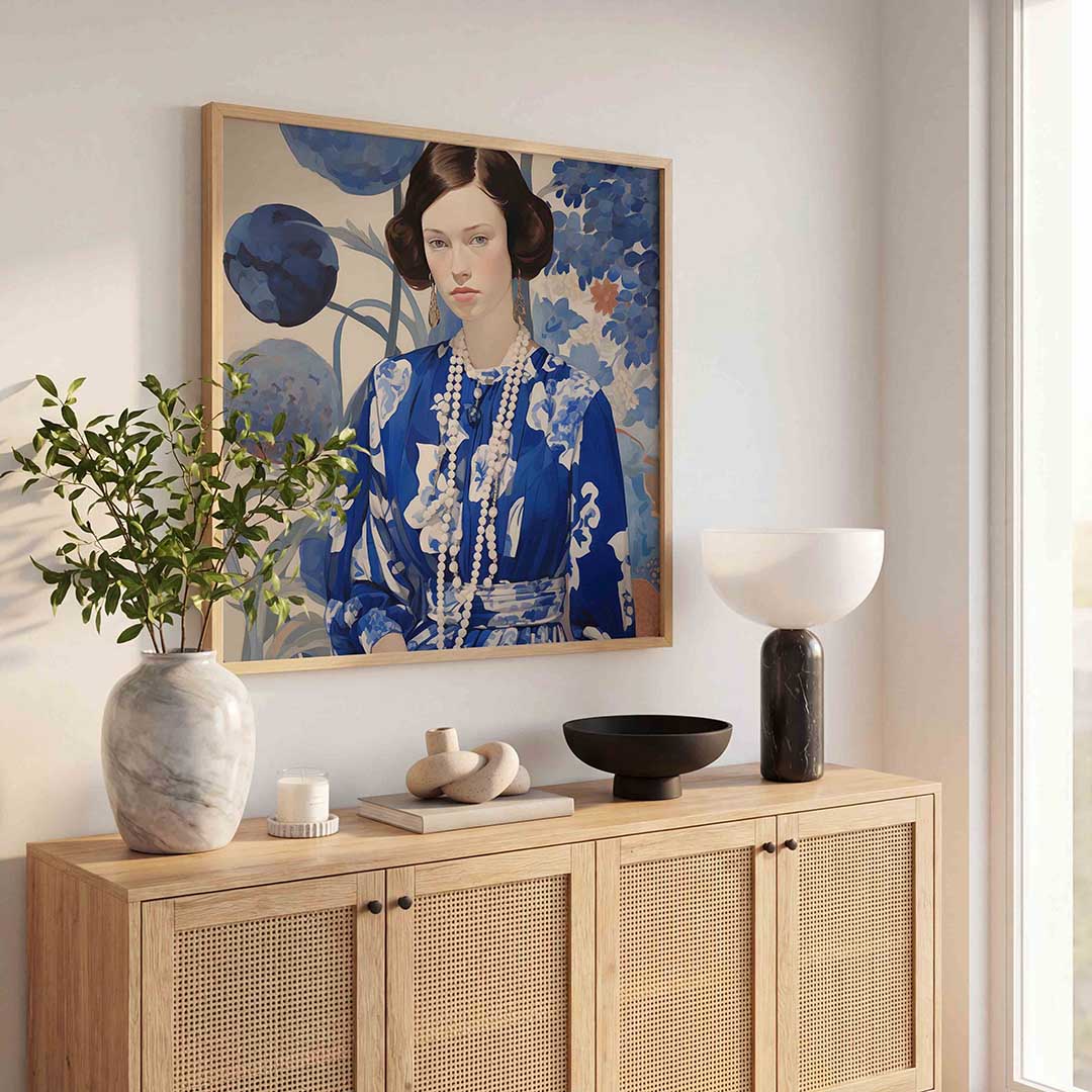 Vrouw in blauwe jurk Poster