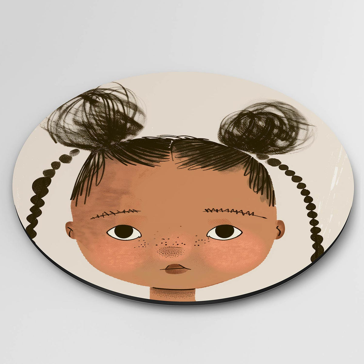 Portret met vlechten Muurcirkel – detailweergave – Een kindergezicht met donkere ogen en twee opgestoken vlechten op een