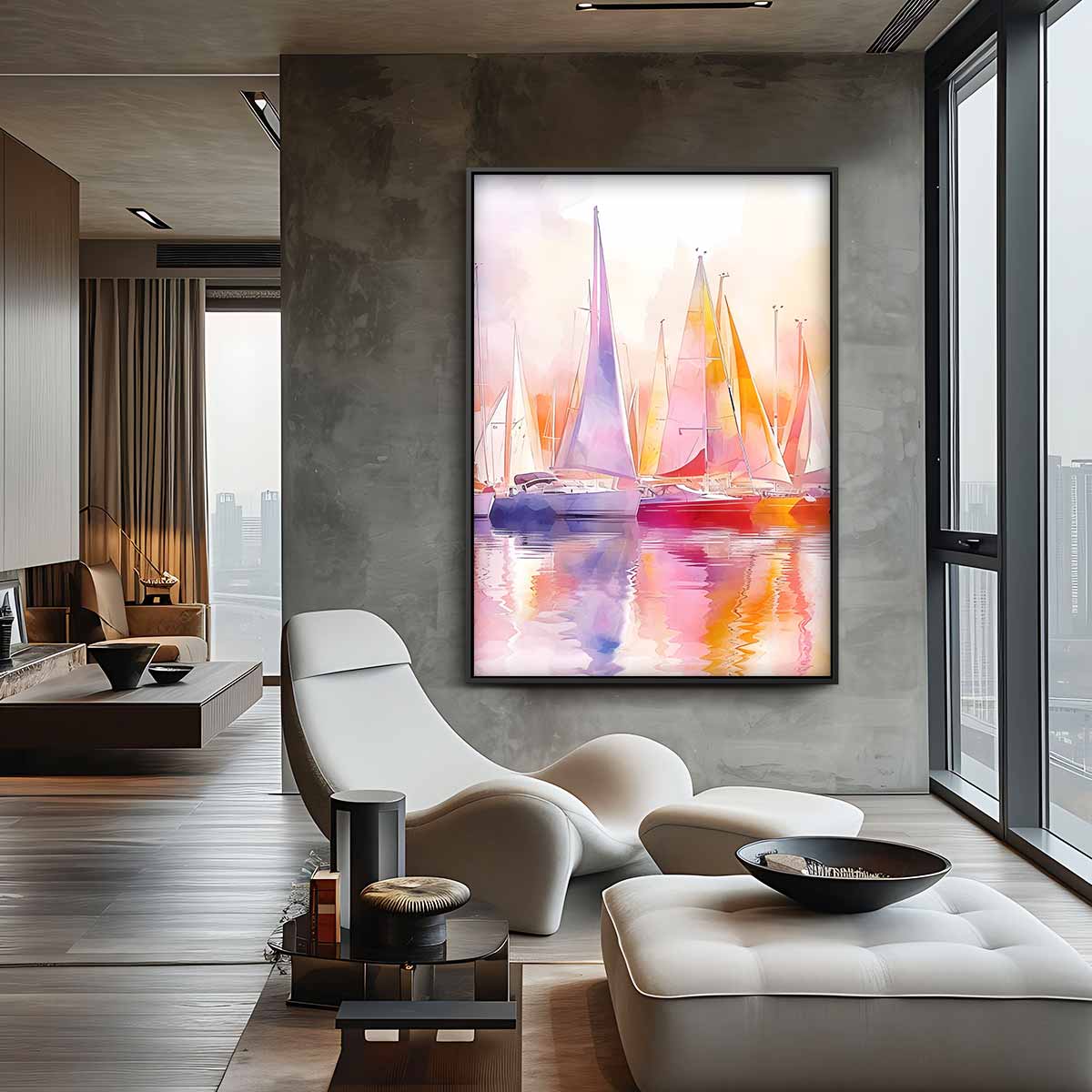 Kleurrijke Zeilboten in Zonsopgang Kunstwerk-canvas-dibond-plexiglas-wanddecoratie-WallArtistic