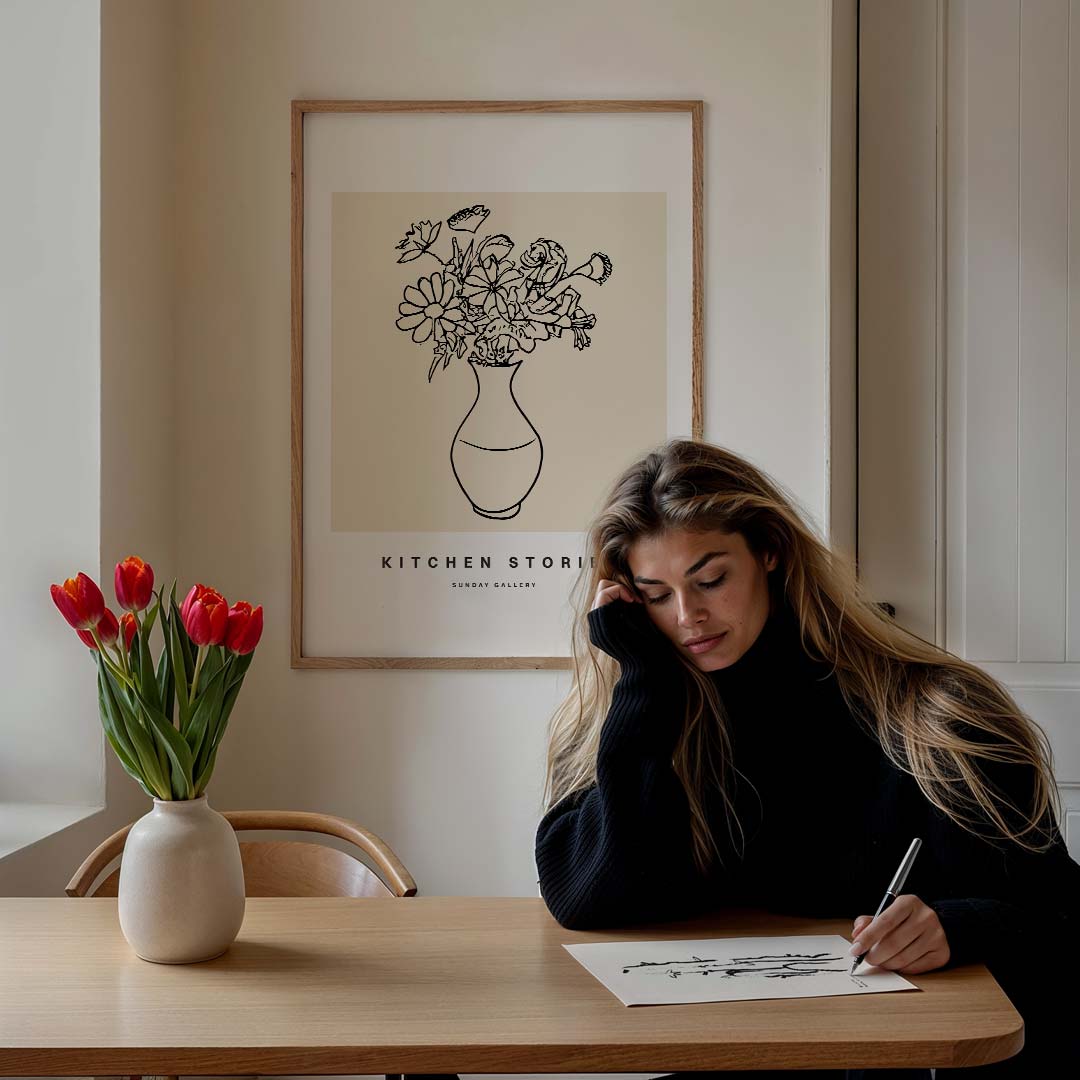 Bloemen Vaas Lijntekening Poster-WallArtistic