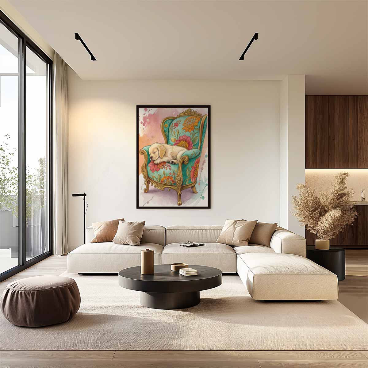 Schattige Rust op Bloemenstoel Kunstwerk-canvas-dibond-plexiglas-wanddecoratie-WallArtistic
