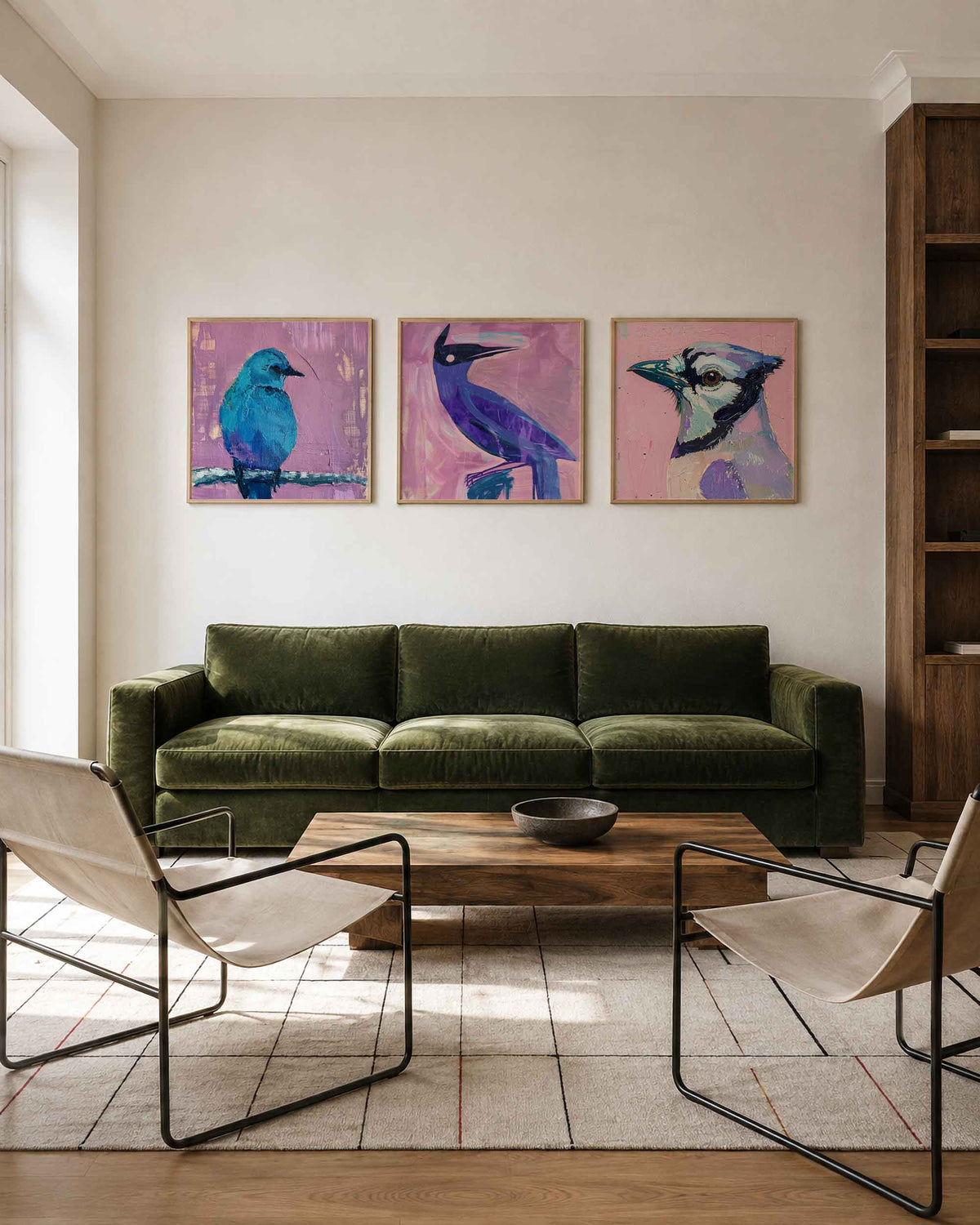 Interieurpresentatie van een driedelige vierkante posterset met kleurrijke vogels