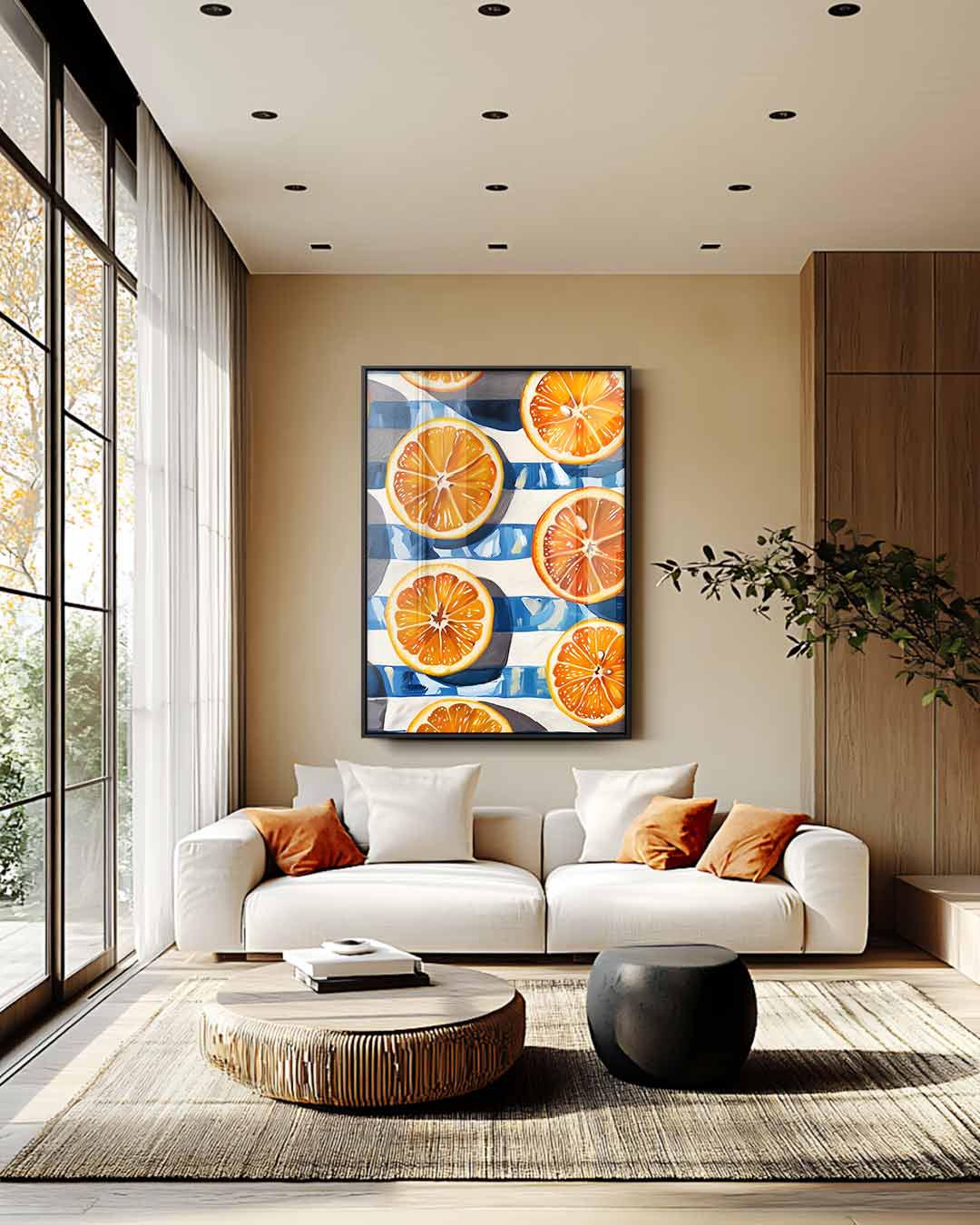 Sinaasappels op een Blauwe Strepen Achtergrond Kunstwerk-canvas-dibond-plexiglas-wanddecoratie-WallArtistic
