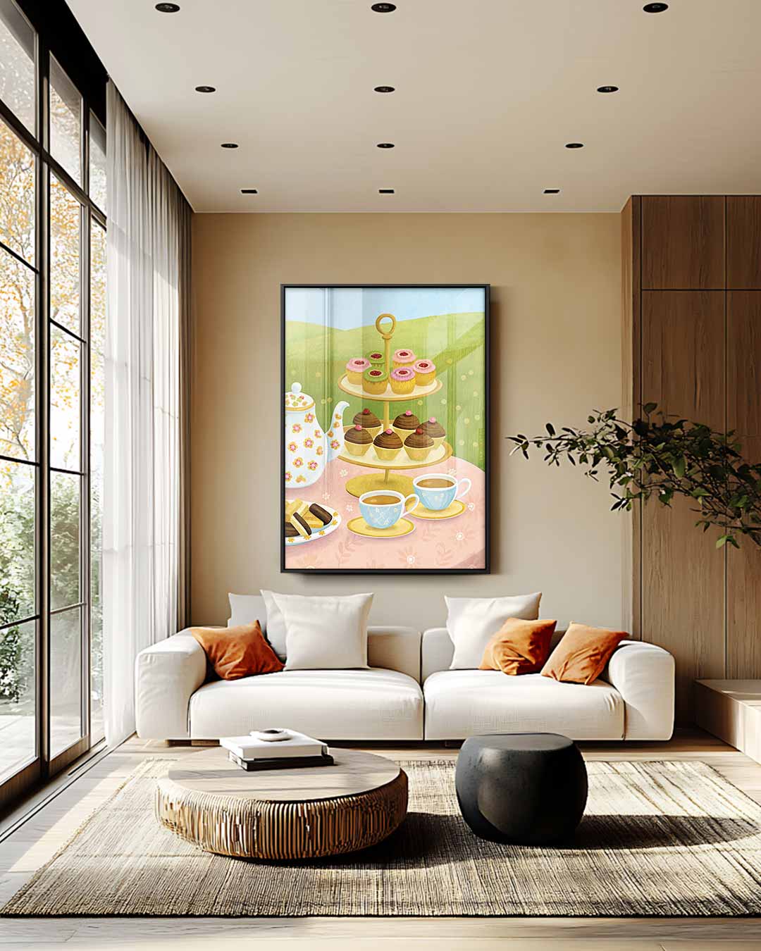 Sfeervolle Theemiddag Illustratie Kunstwerk-canvas-dibond-plexiglas-wanddecoratie-WallArtistic