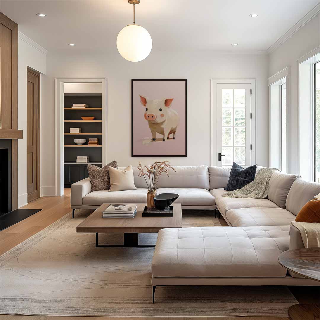 Schattig Varkentje op Roze Achtergrond Kunstwerk-canvas-dibond-plexiglas-wanddecoratie-WallArtistic