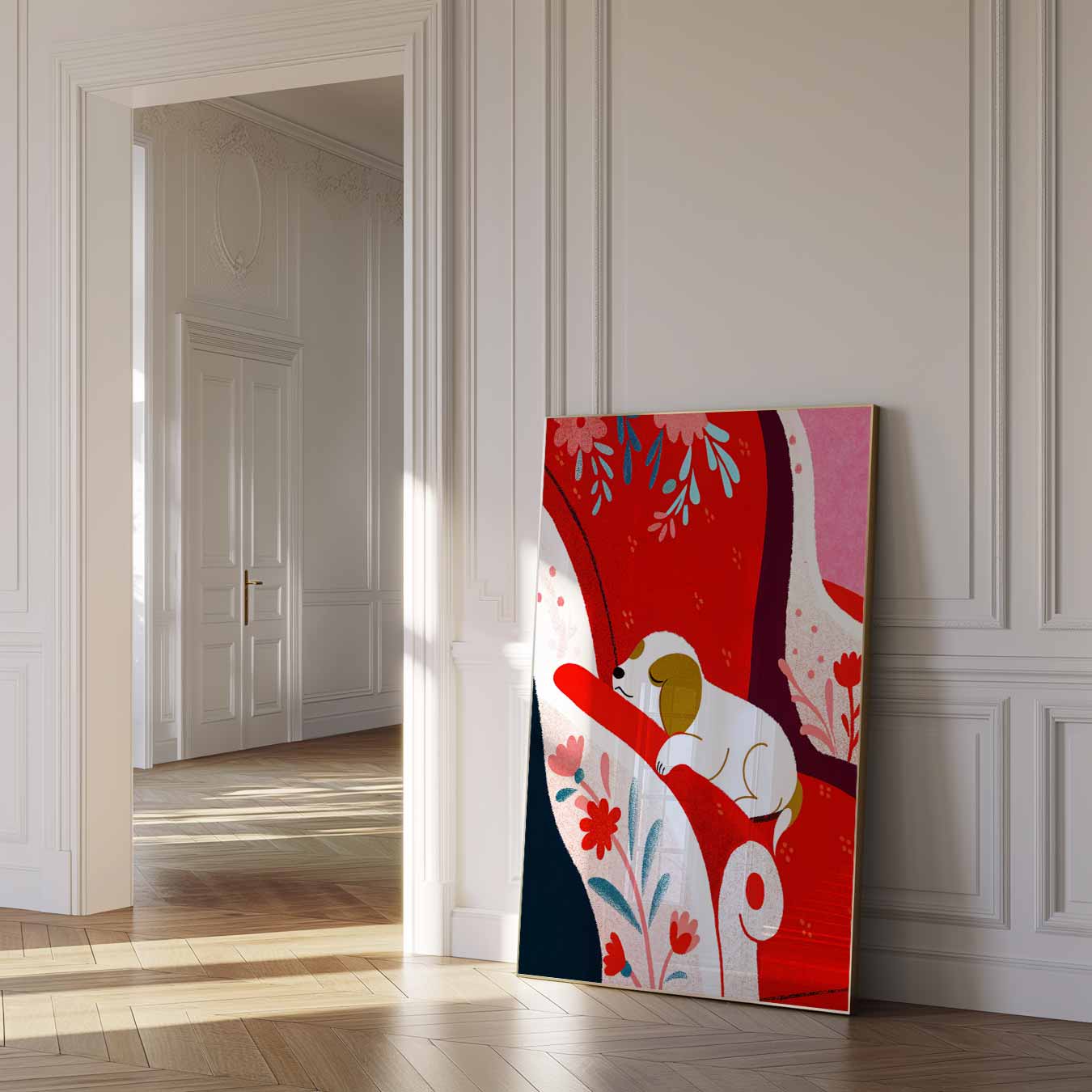Schattige Puppy op Rode Fauteuil Poster-WallArtistic