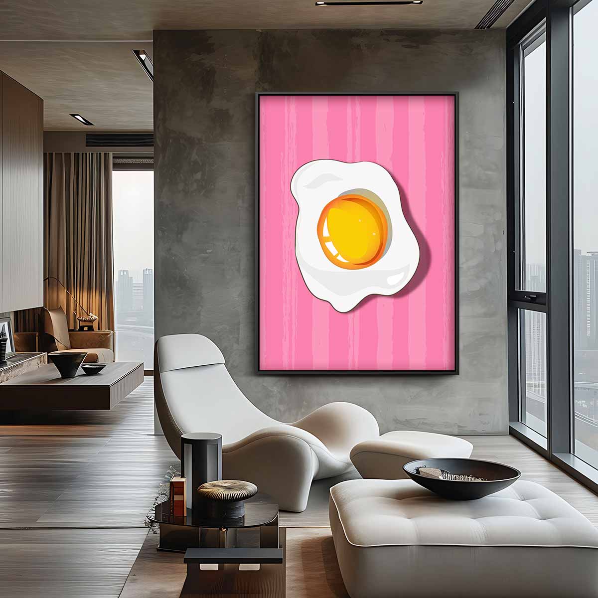 Vrolijk Gebakken Ei op Roze Achtergrond Kunstwerk-canvas-dibond-plexiglas-wanddecoratie-WallArtistic