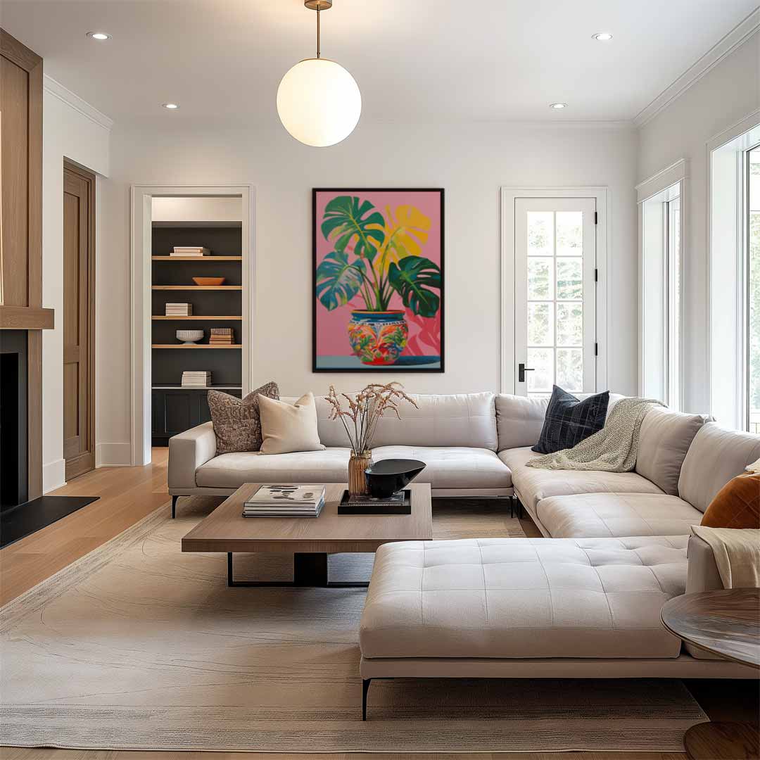 Tropische Monstera in Vrolijke Pot Kunstwerk-canvas-dibond-plexiglas-wanddecoratie-WallArtistic