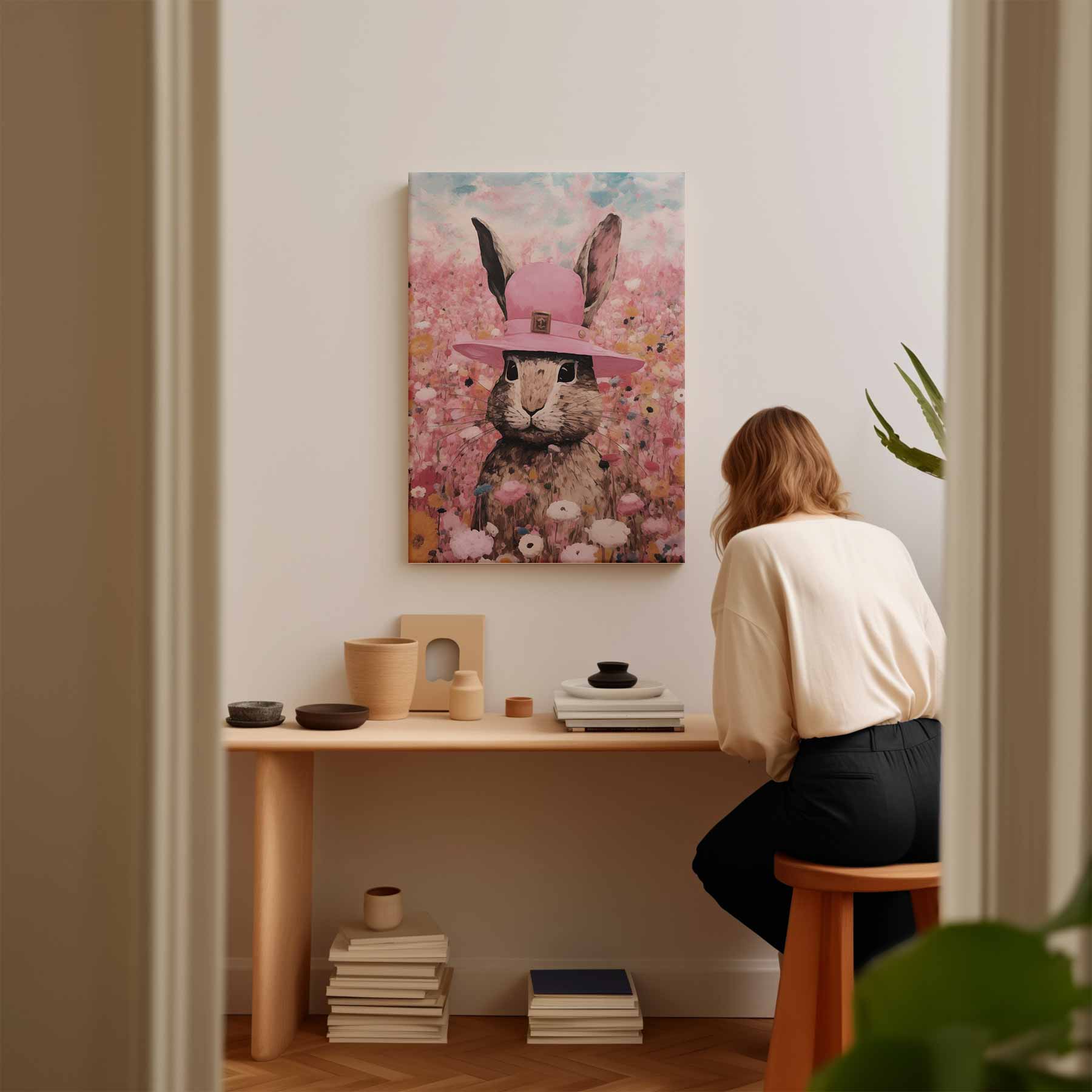 Konijn in Bloemenparadijs Kunstwerk-canvas-dibond-plexiglas-wanddecoratie-WallArtistic